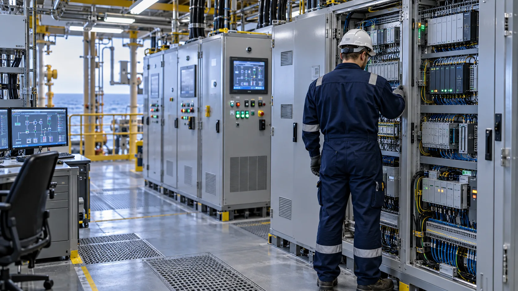 Illustrative engineer inspecting industrial automation cabinets
